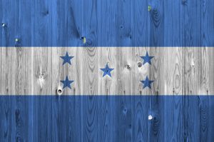 Honduras flag depicted in bright paint colors on old wooden wall close up