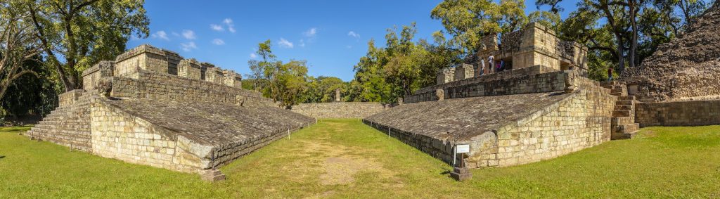 Panoramic of the field of the ball game in the temples of Copan Ruinas